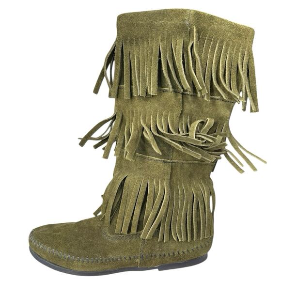 Minnetonka Women’s 3 Layer Fringe Green Moccasin Boot Size US 7 - Picture 3 of 12
